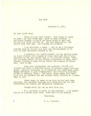 Primary view of object titled '[Letter from T. N. Carswell to Sarah Anna Simmons Crane - November 6, 1961]'.