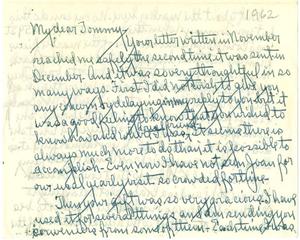Primary view of object titled '[Letter from Sarah Anna Simmons Crane to T. N. Carswell - 1962]'.