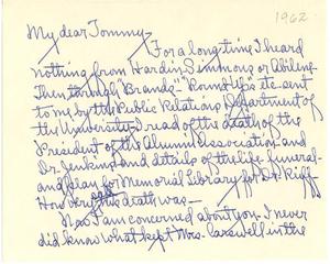 [Letter from Sarah Anna Simmons Crane to T. N. Carswell - 1962]
