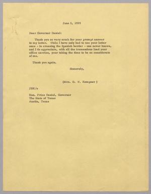 Primary view of object titled '[Letter from Jeane B. Kempner to Price Daniel, June 5, 1959]'.