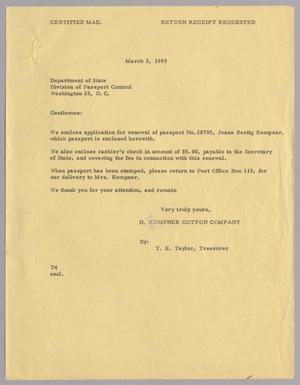 [Letter from H. Kempner Cotton Company to the Department of State Division of Passport Control, March 3, 1959]