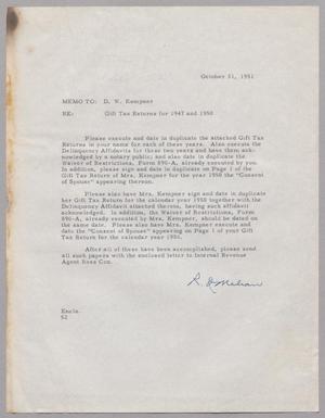 [Memorandum from R. I. Mehan to D. W. Kempner Enclosing Tax Documentation, October 31, 1951]