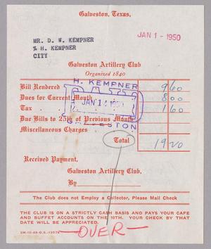 [Monthly Bill for Galveston Artillery Club: January 1950]