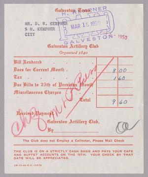[Monthly Bill for Galveston Artillery Club: March 1950]