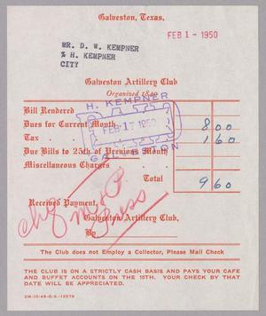 [Monthly Bill for Galveston Artillery Club: February 1, 1950]