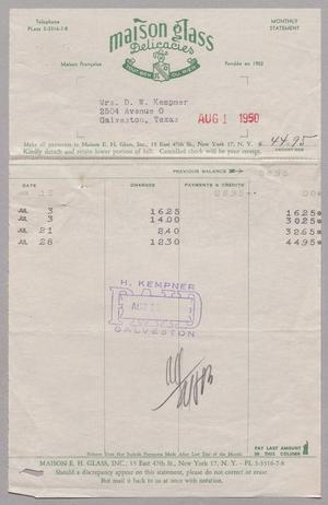 [Account Statement for Maison Glass Delicacies, August 1, 1950]