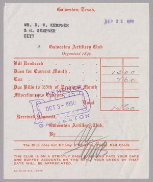[Monthly Bill for Galveston Artillery Club: September 25, 1950]