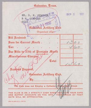 [Monthly Bill for Galveston Artillery Club: September 1, 1950]