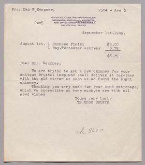 [Letter from Ye Odde Shoppe to Mrs. Dan W. Kempner, September 1, 1949]