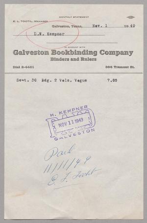[Account Statement for Galveston Bookbinding Company, November 1, 1949]