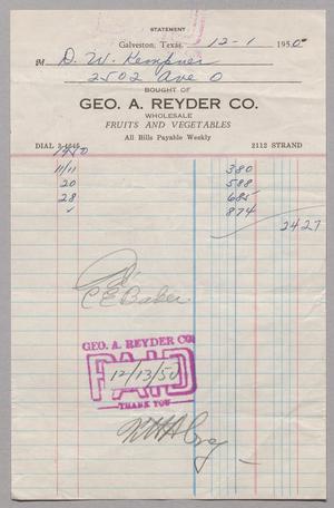 [Account Statement for Geo. A. Reyder Co., December 1, 1950]