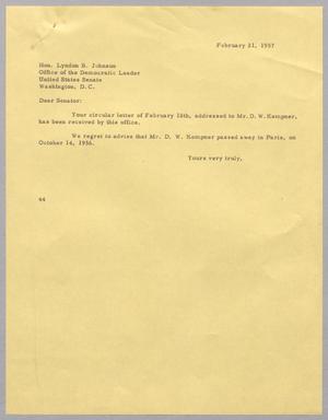[Letter from Blackshear, A. H., Jr. to Lyndon B. Johnson, February 21, 1957]