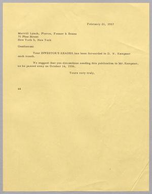 [Letter from A. H. Blackshear, Jr. to Merrill Lynch PIerce., February 21, 1957]