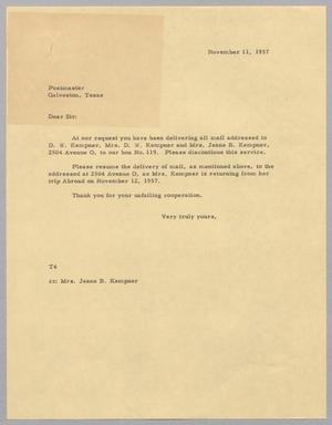 [Letter from T. E. Taylor to Postmaster, November 11, 1957]