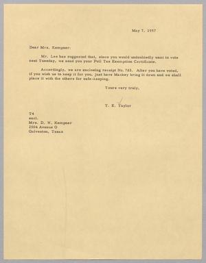 [Letter from T. E. Taylor to Jeane B. Kempner, May 7, 1957]
