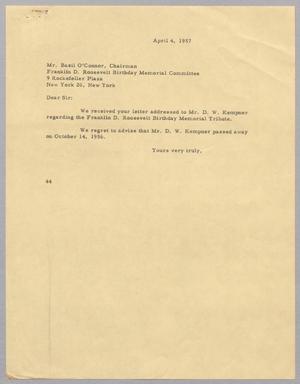 Primary view of object titled '[Letter from A. H. Blackshear, Jr. to Basil O' Connor, April 4, 1957]'.