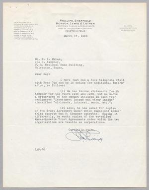 [Letter from R. I. Mehan to Jay A. Phillips, March 17, 1960]