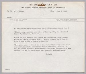 [Inter-Office Letter from Robert L. Kempner to Ray I. Mehan, June 6, 1960]