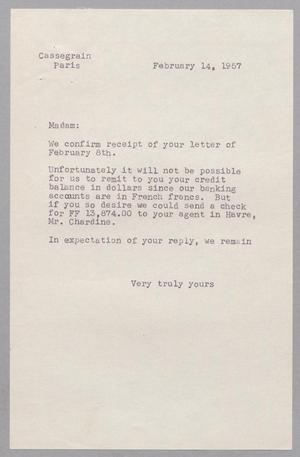[Letter from Cassegrain to Mrs. D. W. Kempner, February 14, 1957]