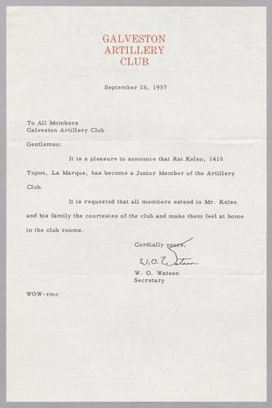 [Letter from W. O. Watson to the Galveston Artillery Club members, September 26, 1957]
