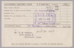 [Monthly Bill for Galveston Country Club: April 1952]