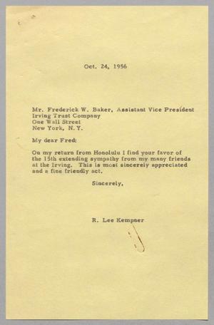 [Letter from Robert Lee Kempner to Frederick W. Baker, October 24, 1957]