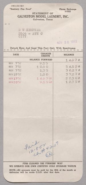 [Invoice for Balance for Galveston Model Laundry, Inc., November 1952]