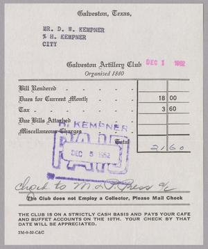 [Monthly Bill for Galveston Artillery Club, December 1952]