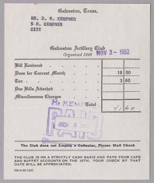 [Monthly Bill for Galveston Artillery Club: November 1952]