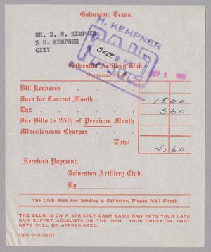 [Monthly Bill for Galveston Artillery Club: September 1952]