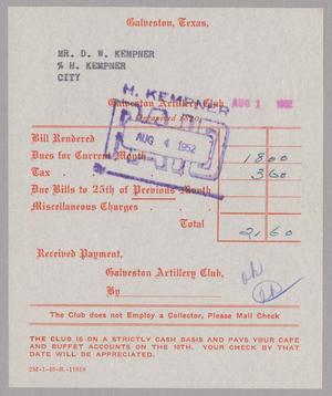 [Monthly Bill for Galveston Artillery Club: August 1952]