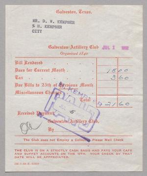 [Monthly Bill for Galveston Artillery Club: July 1952]