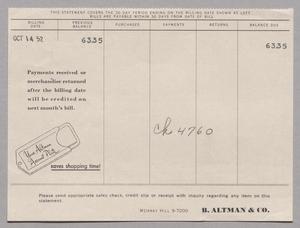 [Invoice for Balance Due to B. Altman & Co., October 1952]
