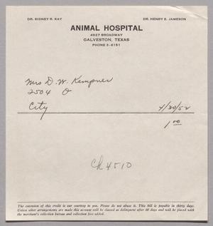 [Invoice for Balance Due to Animal Hospital, April 1952]