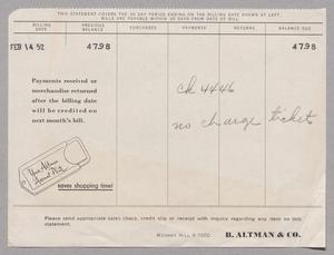 [Invoice for Balance Due to B. Altman & Co., February 1952]