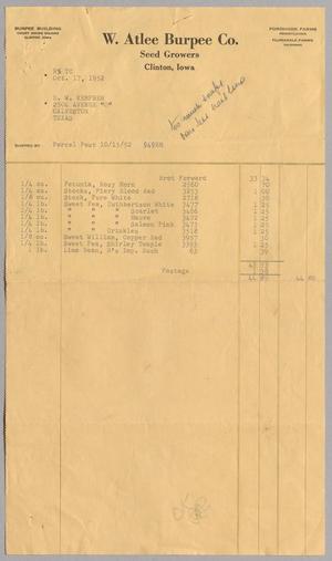 Primary view of object titled '[Invoice for Balance Due to W. Atlee Burpee Co., October 1952]'.