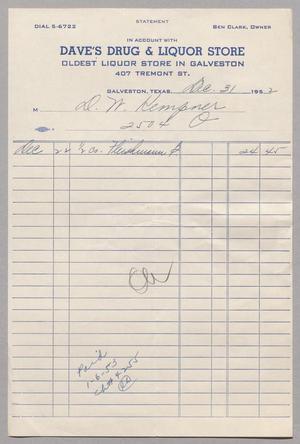 [Account Statement for Dave's Drug & Liquor Store, December 1952]