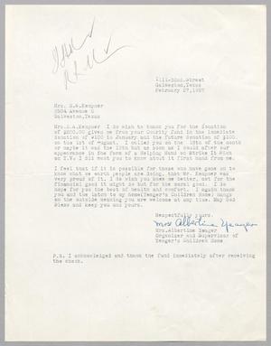 [Letter from Albertine Yeager to Jeane B. Kempner, February 27, 1957]