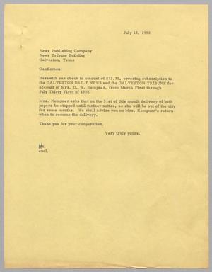 [Letter from H. Kempner to News Publishing Company, July 15, 1958]