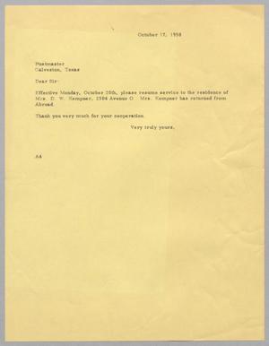 [Letter from Arthur M. Alpert to Postmaster, October 17, 1958]