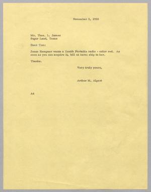 [Letter from Arthur M. Alpert to Thomas L. James, November 3, 1958]