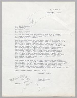 [Letter from Thomas L. James to Jeane B. Kempner, February 3, 1958]