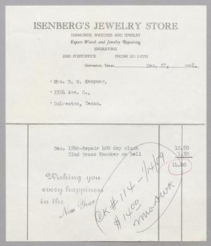 [Invoice for Repairs by Isenberg's Jewelry Store, December 1958]