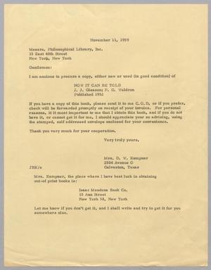 [Letter from Mrs. D. W. Kempner to Philosophical Library, November 11, 1959]