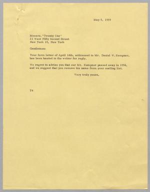 [Letter from T. E. Taylor to "Twenty One", May 5, 1959]