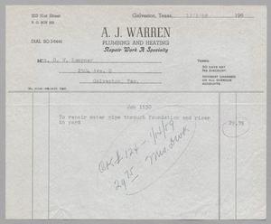 [Invoice for Repairs by A. J. Warren Plumbing & Heating, December 1958]