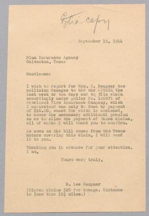 [Letter from R. Lee Kempner to Blum Insurance Agency, September 15, 1944]