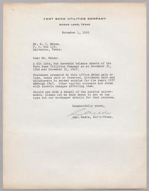 [Letter from George Andre to Ray I. Mehan, November 1, 1950]
