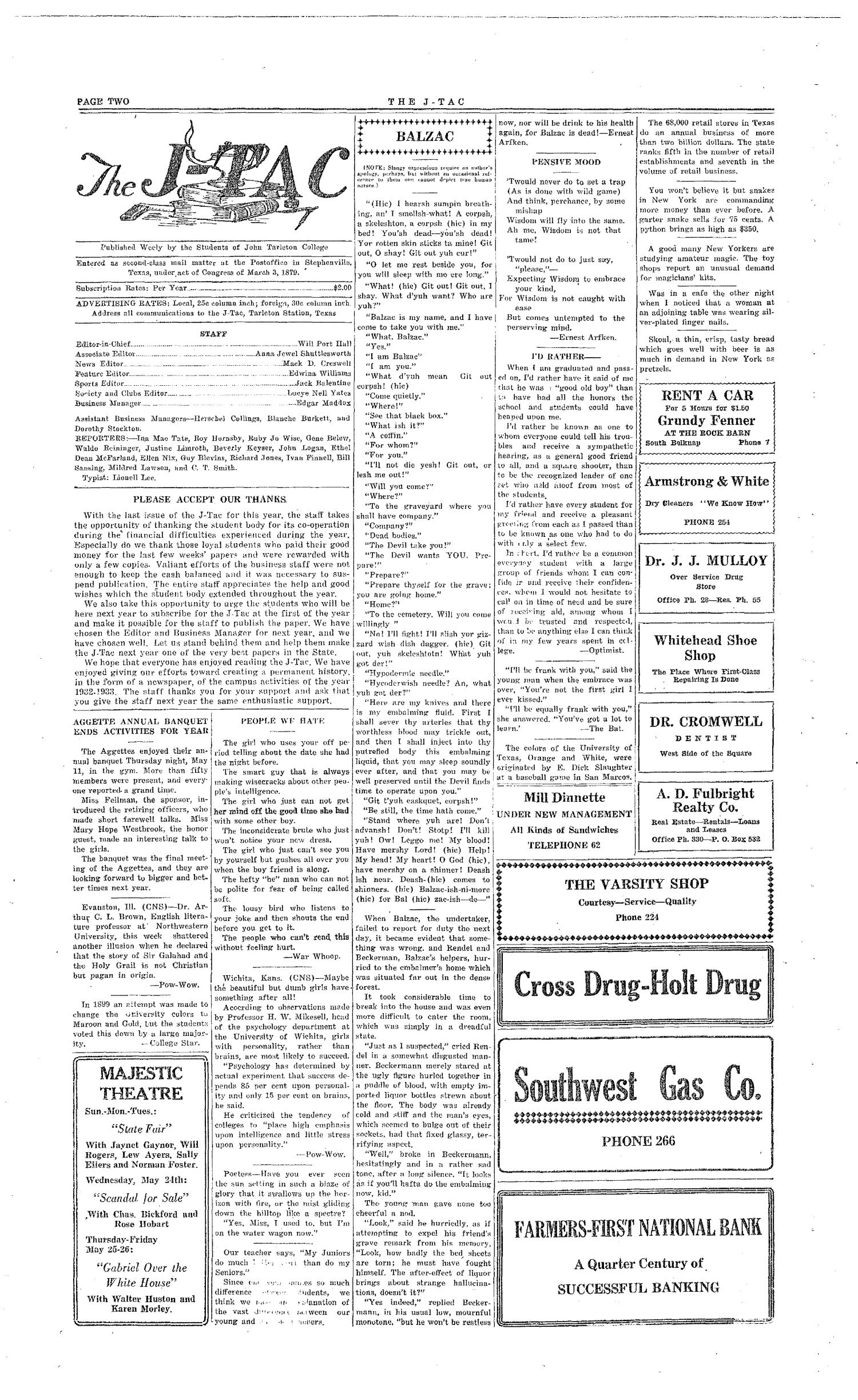 The J-TAC (Stephenville, Tex.), Vol. 13, No. 21, Ed. 1 Saturday, May 20, 1933
                                                
                                                    [Sequence #]: 2 of 4
                                                