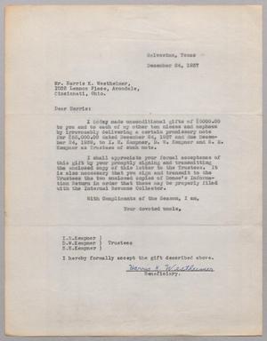 [Letter from R. Lee Kempner to Harris K. Westheimer, December 24, 1937]